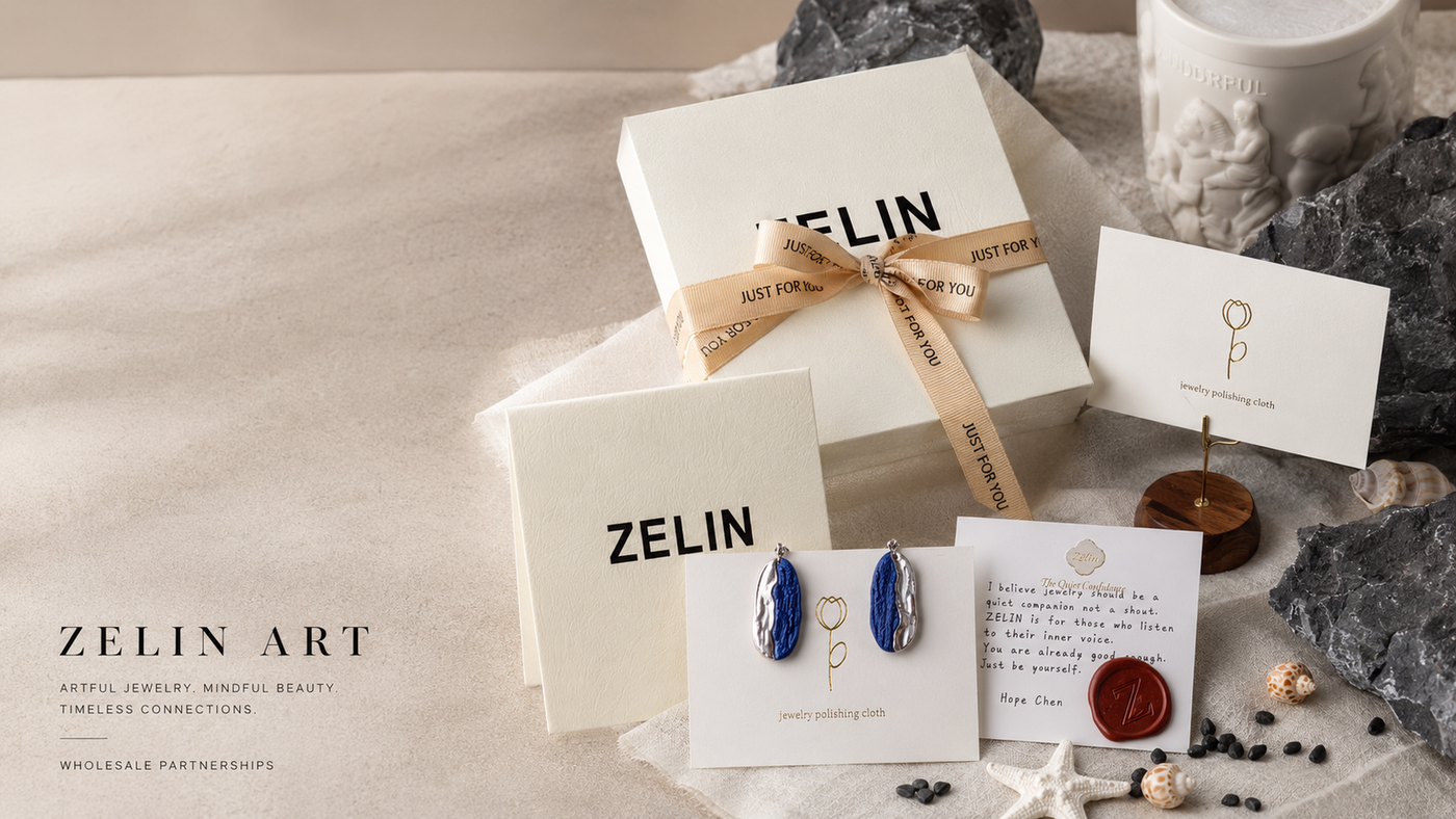 ZELIN ART retail presentation with packaging and porcelain jewelry