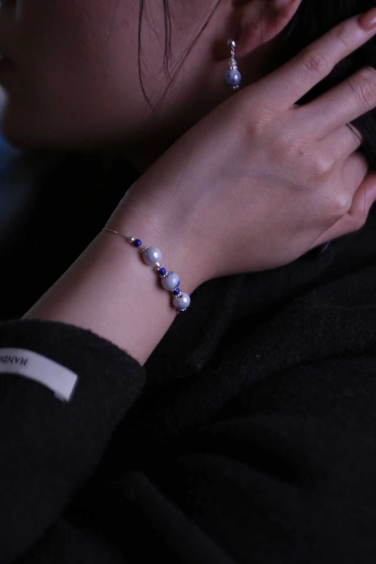 Blue Pearl Set worn with bracelet and earrings