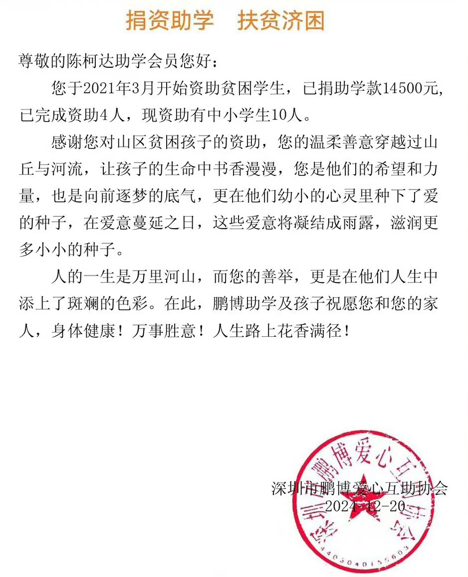 Letter of appreciation for ZELIN ART founder education support since 2021